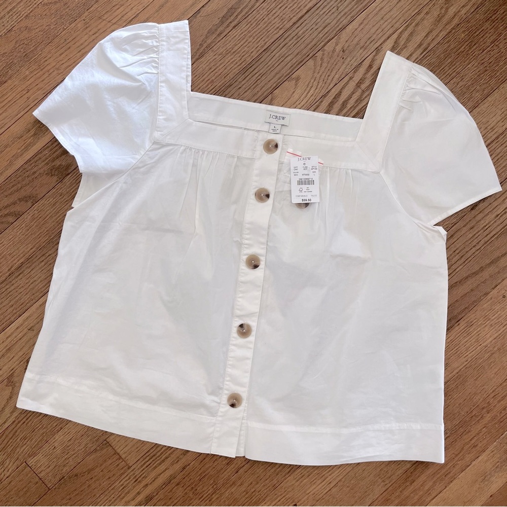 J.Crew Factory Short Sleeve White Blouse Button Detail Front Square Neck Large